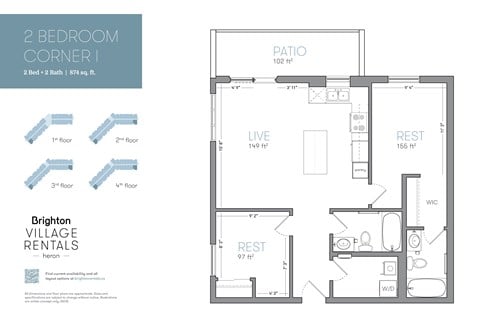 Floor plan for 2 beds, 2 baths, 874 sqft